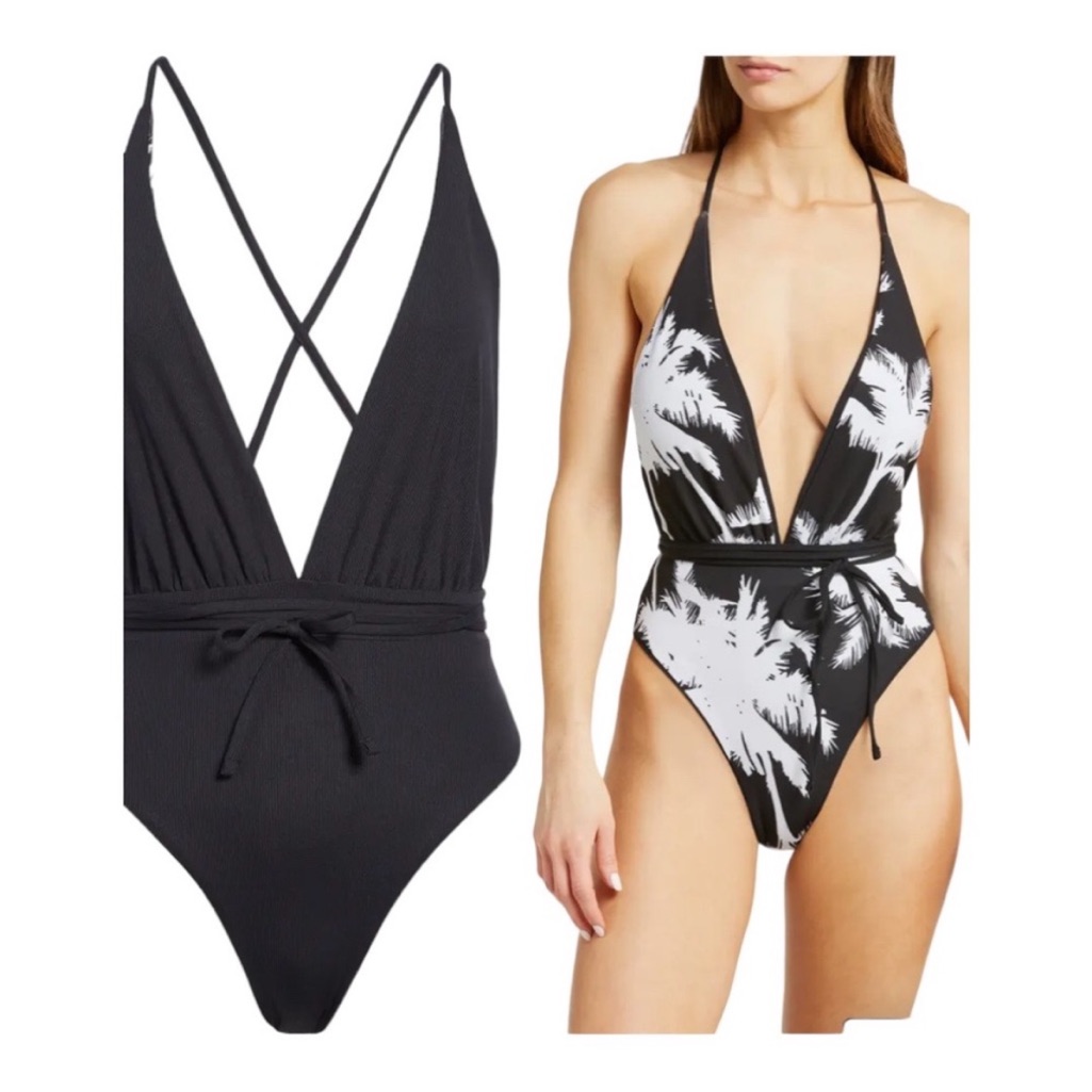New Maaji Jade Safari Reversible Swimsuit One Piece Plunge Halter Neck Black